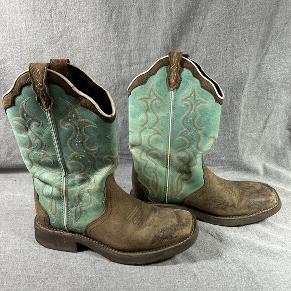 Justin Gypsy Raya Brown & Turquoise Leather Western Cowboy Boots L2904 Size 9B - Picture 1 of 14